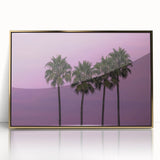 Large art print of Hollywood, California scenery in mid-century modernist style on framed acrylic, with gold tones.