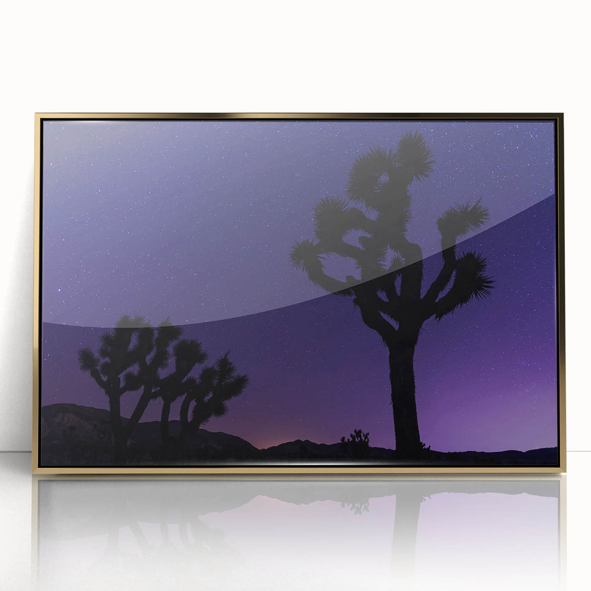 Mid-century modernist Joshua Tree landscape in gold tones on framed acrylic, suitable for modern art wall decor.