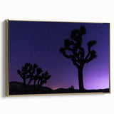 Vintage poster art of Joshua Tree landscape on framed canvas, featuring muted earth tones, ideal for bedroom wall decor.