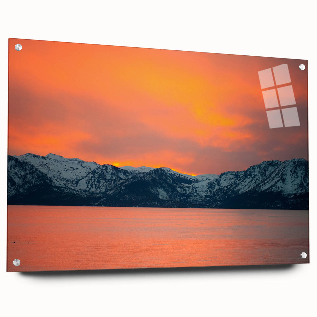 Acrylic print of Lake Tahoe with vivid blue and green tones, ideal for enhancing dining room or bedroom walls.