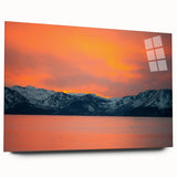 Large abstract depiction of Lake Tahoe in muted blues and greens on acrylic glass, suitable for bedroom or dining room decor.