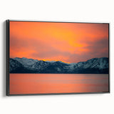 Black and white framed canvas of Lake Tahoe landscape, suitable for bedroom wall art in a vintage poster style.