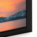 Framed canvas depicting Lake Tahoe with textured, colorful art in black, ideal for living room decor.