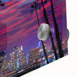 Large abstract depiction of Los Angeles skyline in muted earth tones on acrylic glass, suitable for dining room art.