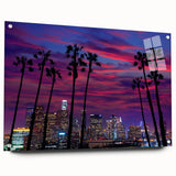 Acrylic print of Los Angeles skyline in muted gray and blue tones, suitable for modern bedroom or dining room decor.