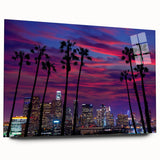 Acrylic print of a large abstract Los Angeles skyline in muted blue and orange tones, ideal for bedroom or dining room art.