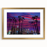 Extra large abstract art print of Los Angeles skyline in textured gold frame, ideal for living room decor.