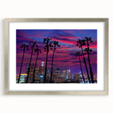 Textured abstract art print of Los Angeles skyline in muted gray, framed in silver, ideal for bedroom art.