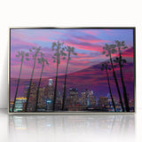 Mid-century modernist art depicting Los Angeles skyline, in muted silver and blue tones on framed acrylic.