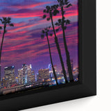 Black wall art depicting Los Angeles skyline in vibrant colors on a textured, framed canvas, ideal for living room decor.