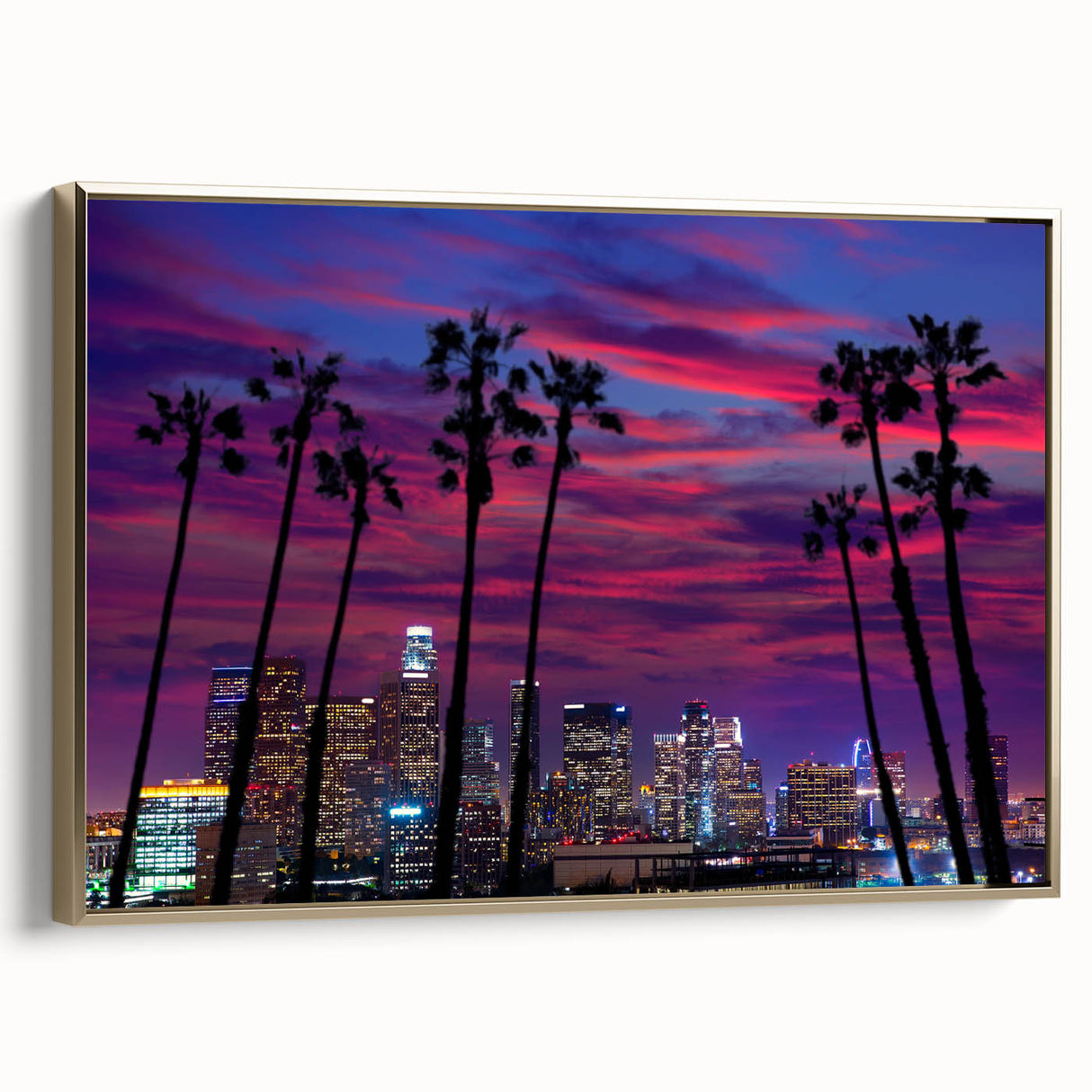 Framed canvas wall art featuring a vintage-style Los Angeles landscape in black and gold tones, ideal for bedroom decor.