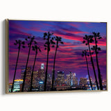Framed canvas wall art featuring a vintage-style Los Angeles landscape in black and gold tones, ideal for bedroom decor.