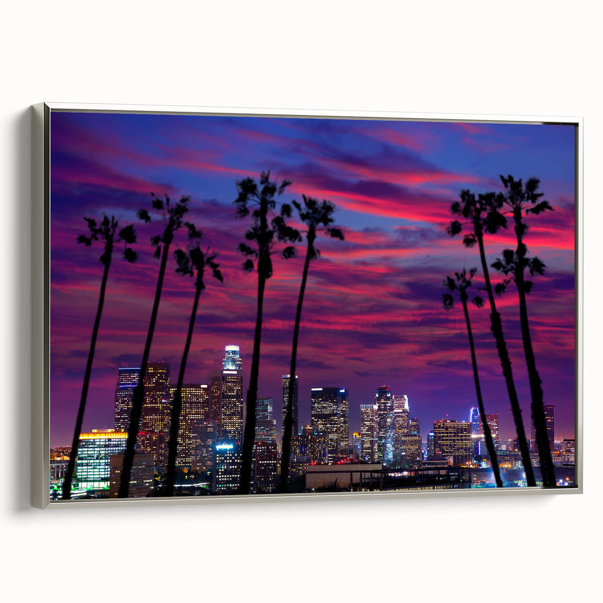 Framed canvas featuring a vintage-style Los Angeles landscape in colorful art tones.