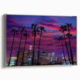 Framed canvas featuring a vintage-style Los Angeles landscape in colorful art tones.