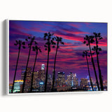 Vintage poster art of Los Angeles skyline in vibrant colors on a large framed canvas, ideal for living room decor.