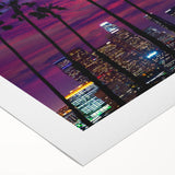 Art deco poster of Los Angeles skyline in pastel shades on rolled canvas, suitable for dining room decor.