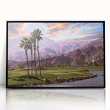 Large abstract wall art depicting Palm Springs with vibrant colors on a framed acrylic, ideal for modern living room decor.