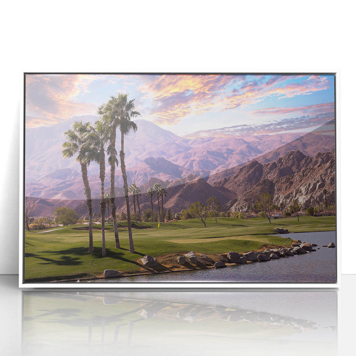 Art Deco style poster of Palm Springs with vivid blue sky and palm trees, acrylic framed, ideal for modern art wall decor.