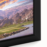Black wall art depicting a colorful, textured Palm Springs scene on a large framed canvas, ideal for a living room.