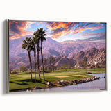 Framed canvas landscape art painting featuring a vintage-style Palm Springs scene with colorful accents against a black…