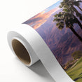 Art deco poster of Palm Springs scenery on rolled canvas, featuring pastel colors.