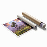 Extra large rolled print depicting Palm Springs scenery with vibrant sunset and palm silhouettes.