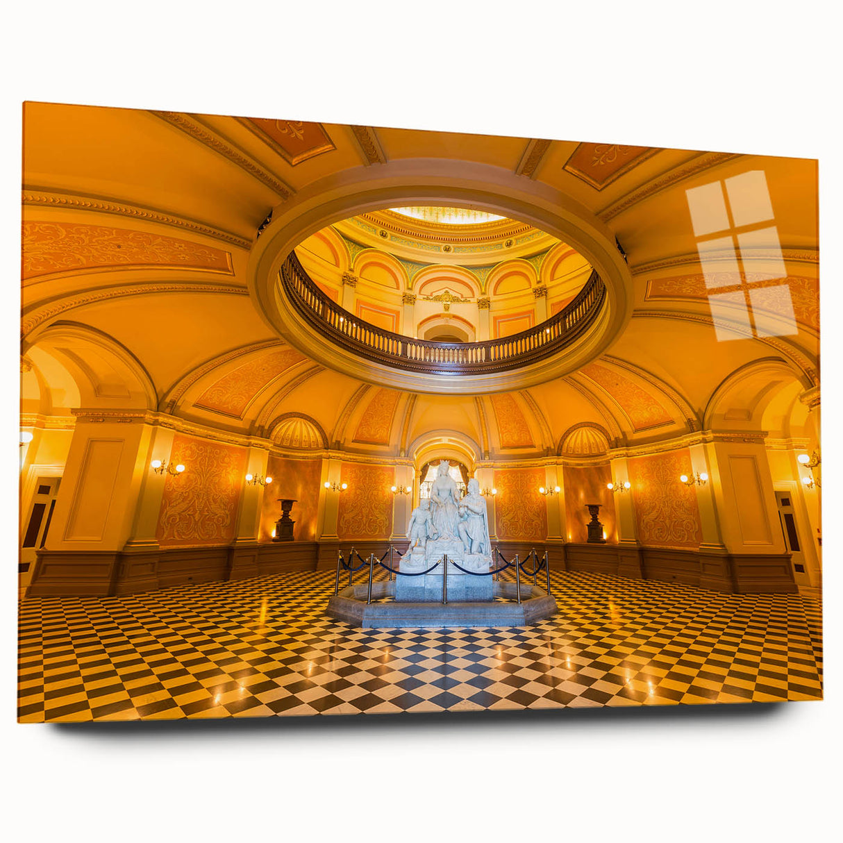 Large abstract wall art of Sacramento scenery in vibrant hues on acrylic glass, suitable for bedroom or dining room decor.