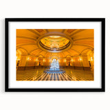 Extra large abstract art print of a colorful Sacramento scenery on a textured canvas, framed in black.