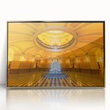 Framed acrylic print of Sacramento scenery in mid-century modernist style, featuring muted earth tones.