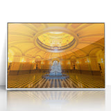 Art deco poster of Sacramento skyline in muted gray and blue tones on white framed acrylic.