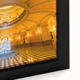 Framed canvas of a textured Sacramento skyline in black with colorful accents, ideal for large living room walls.