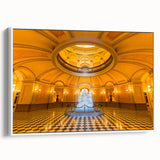 Vintage poster art of Sacramento skyline on extra large framed canvas, featuring colorful art on a black background.