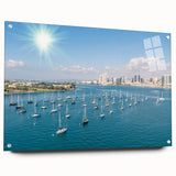 Acrylic print of a large abstract depiction of San Diego skyline in muted blue and orange tones, ideal for dining room decor.