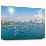 Large abstract wall art featuring a San Diego cityscape in muted blue and gray tones on acrylic glass.