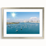 Textured abstract art print of San Diego skyline in muted gray tones, framed in silver, ideal for bedroom art.