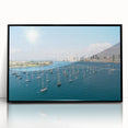 Large abstract wall art of San Diego skyline in muted gray and blue tones on a framed acrylic.