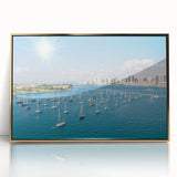 Acrylic print of San Diego scenery in gold frame, featuring mid-century modernist style, ideal for modern art wall decor.