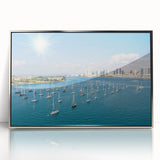 Mid-century modernist art of San Diego skyline in muted gray and blue tones on a framed acrylic.