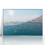 Acrylic print of San Diego skyline in art deco style with muted blue and white tones, ideal for modern nursery wall art.