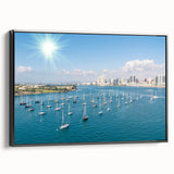 Black and white framed canvas of San Diego landscape, ideal for bedroom wall art with a vintage poster style.