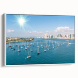 Vintage poster art of San Diego skyline in vibrant colors on a large framed canvas, ideal for living room decor.