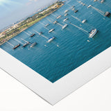 Art deco poster of San Diego skyline in muted blue tones on rolled canvas, suitable for dining room decor.