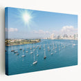 Large canvas print featuring the San Diego skyline in muted blue and gray tones, suitable for kitchen wall art.
