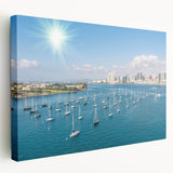 Large canvas print featuring the San Diego skyline in muted blue and gray tones, suitable for kitchen wall art.