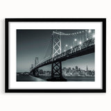 Extra large abstract art print of San Francisco scenery in vibrant colors on a textured canvas, framed in black.