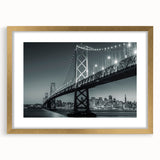 Extra large abstract art print of San Francisco skyline in muted gold and blue tones, framed with mat.