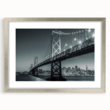 Textured abstract art print of San Francisco skyline in muted gray and blue tones, framed in silver, ideal for bedroom art.