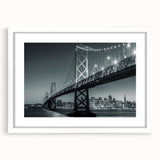 Abstract art print of San Francisco skyline in muted blue and gray tones on a framed canvas, suitable for dining room decor.