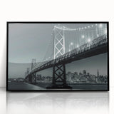 Large abstract wall art of San Francisco skyline in muted grayscale, framed acrylic print.
