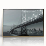 Framed acrylic print of the San Francisco skyline in muted gold tones, suitable for modern art wall decor.